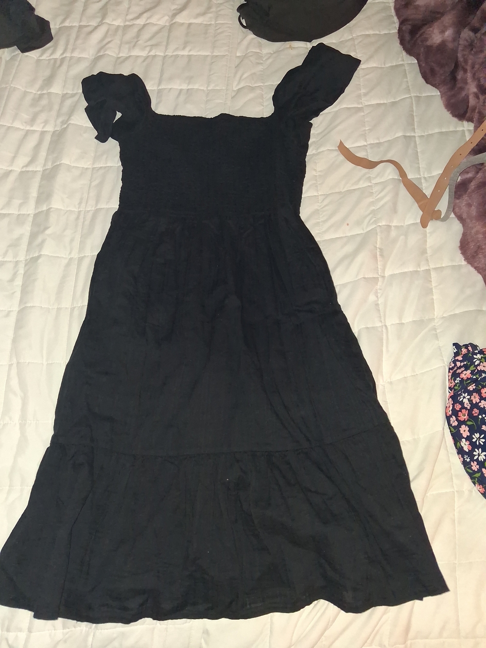 GAP Black Smocked Midi Dress with Tie Shoulders